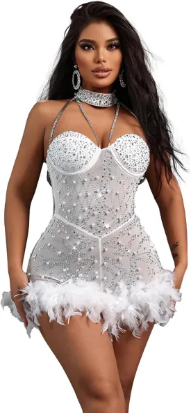 Sexy Feather Rhinestone Backless Mesh Sheer Burlesque Outfit Nightout Clubwear Birthday Party Dress