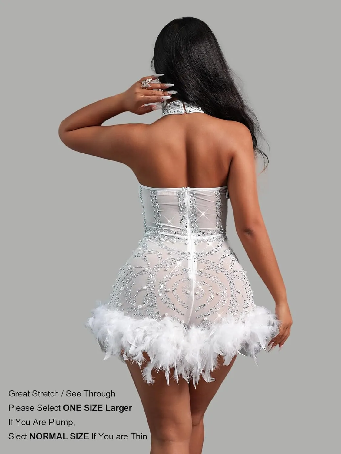 Sexy Feather Rhinestone Backless Mesh Sheer Burlesque Outfit Nightout Clubwear Birthday Party Dress