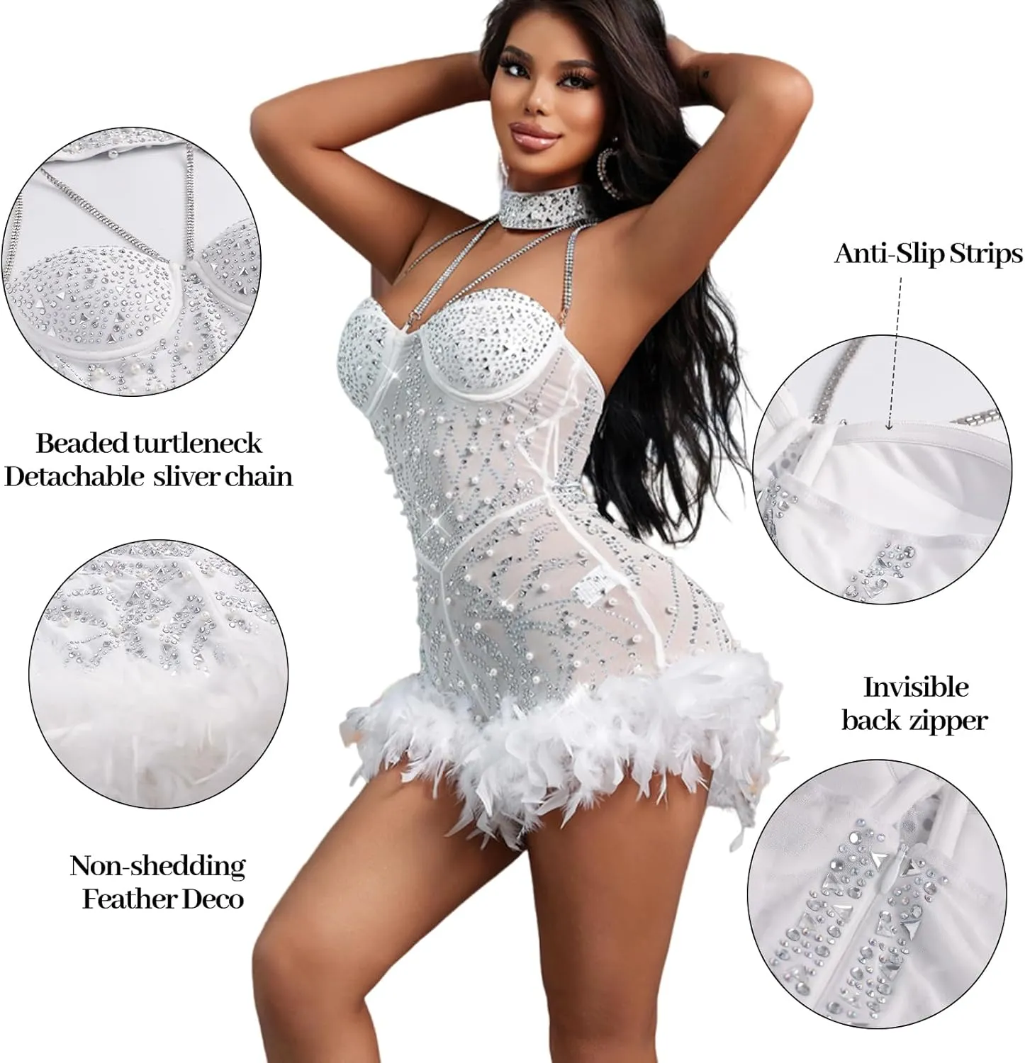 Sexy Feather Rhinestone Backless Mesh Sheer Burlesque Outfit Nightout Clubwear Birthday Party Dress