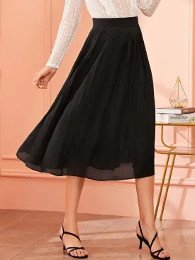 Solid Wide Waistband Pleated Skirt