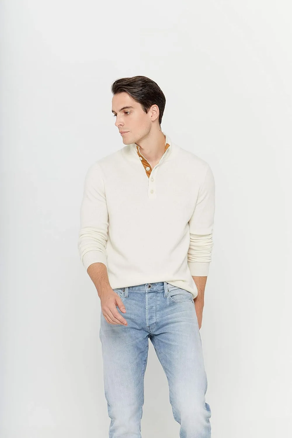 State Cashmere Men's Button Up Mock Neck Sweater 100% Pure Cashmere Long Sleeve Polo Quarter Collar Pullover
