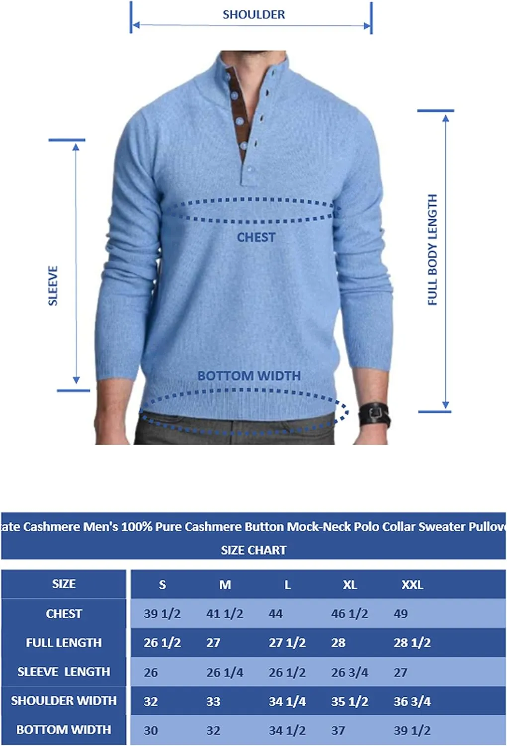 State Cashmere Men's Button Up Mock Neck Sweater 100% Pure Cashmere Long Sleeve Polo Quarter Collar Pullover