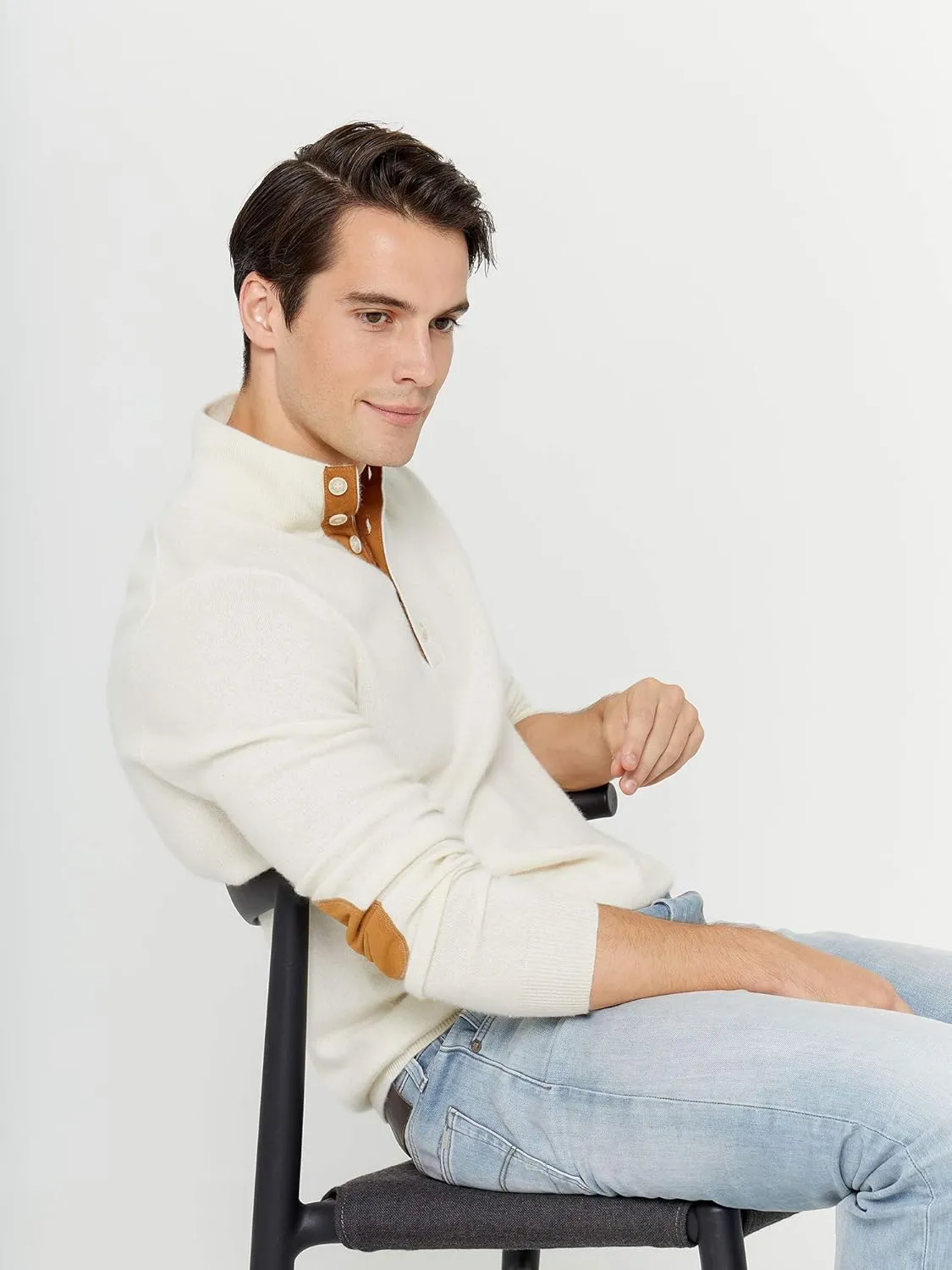 State Cashmere Men's Button Up Mock Neck Sweater 100% Pure Cashmere Long Sleeve Polo Quarter Collar Pullover
