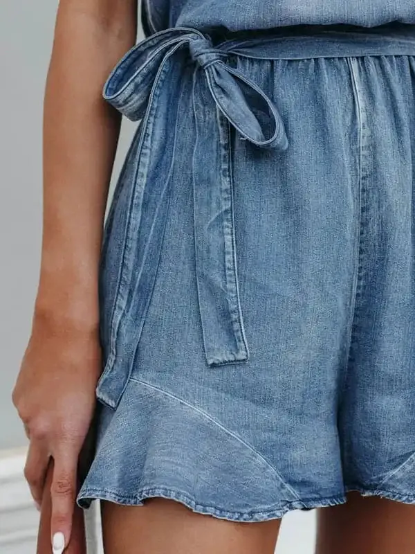 Summer street temperament women’s cotton denim distressed suspender jumpsuit