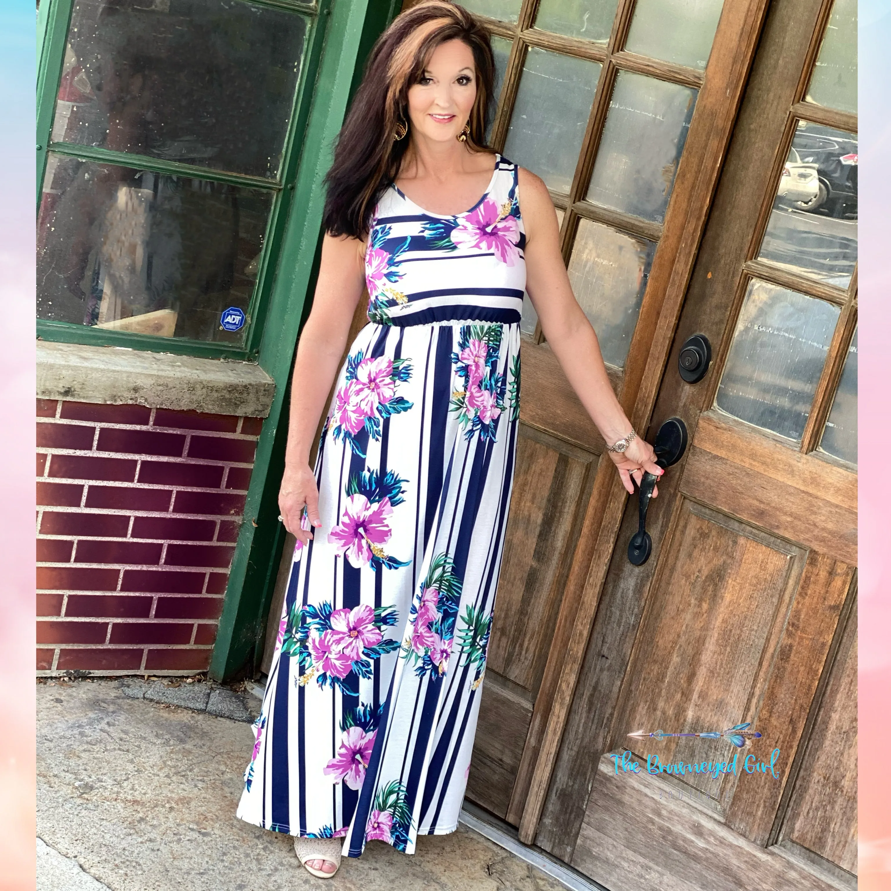 Tropical Hibiscus Floral Stripe Tank Maxi