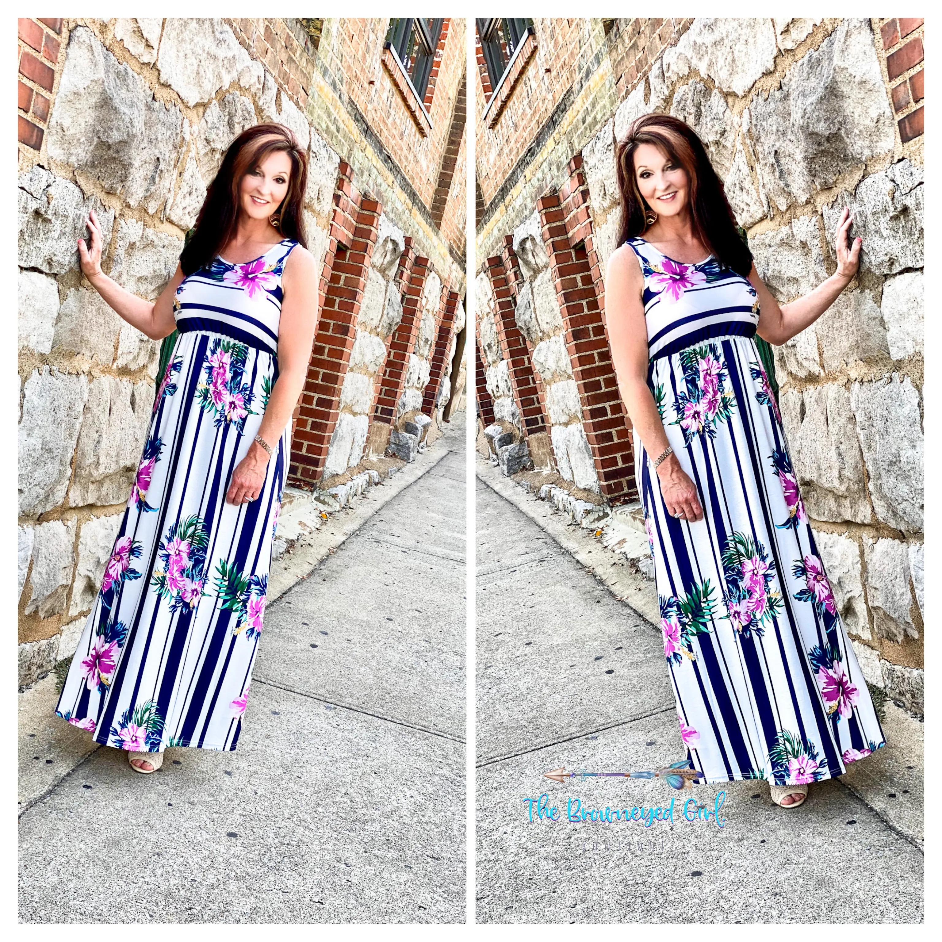 Tropical Hibiscus Floral Stripe Tank Maxi