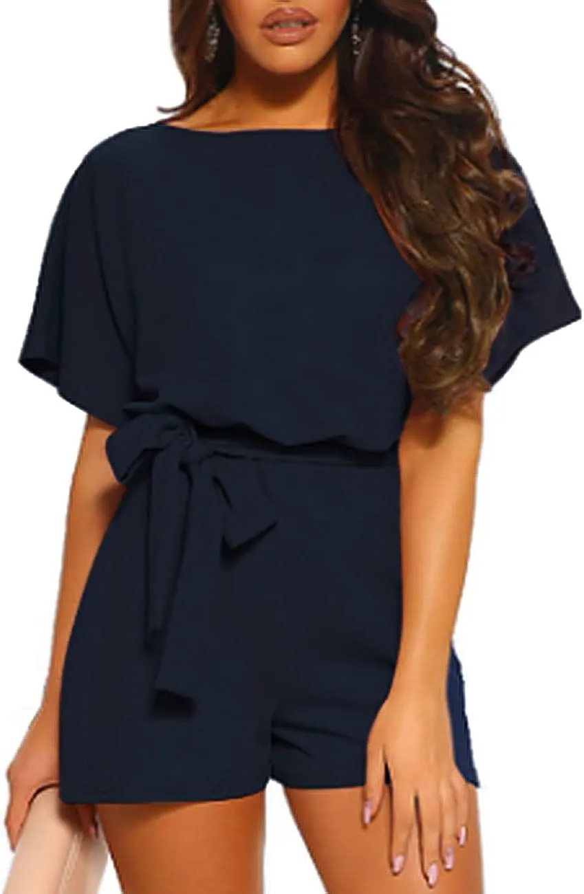 Vetinee Womens Summer Belted Romper Keyhole Back Short Sleeve Jumpsuit Playsuit