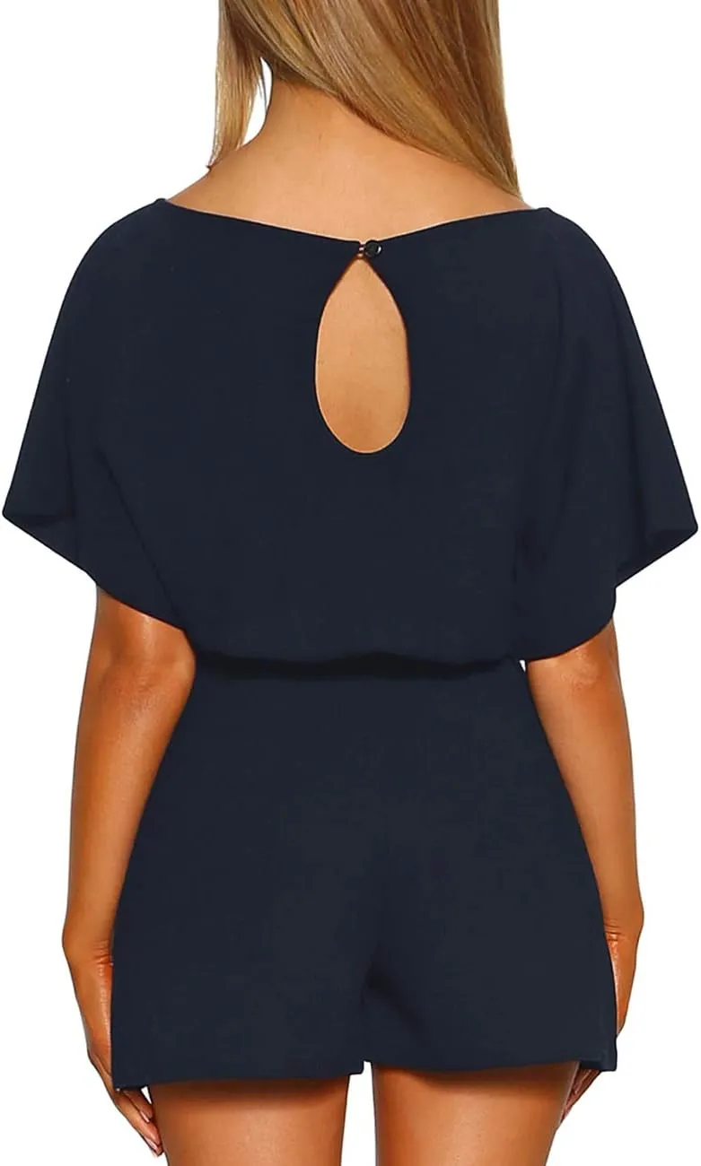 Vetinee Womens Summer Belted Romper Keyhole Back Short Sleeve Jumpsuit Playsuit