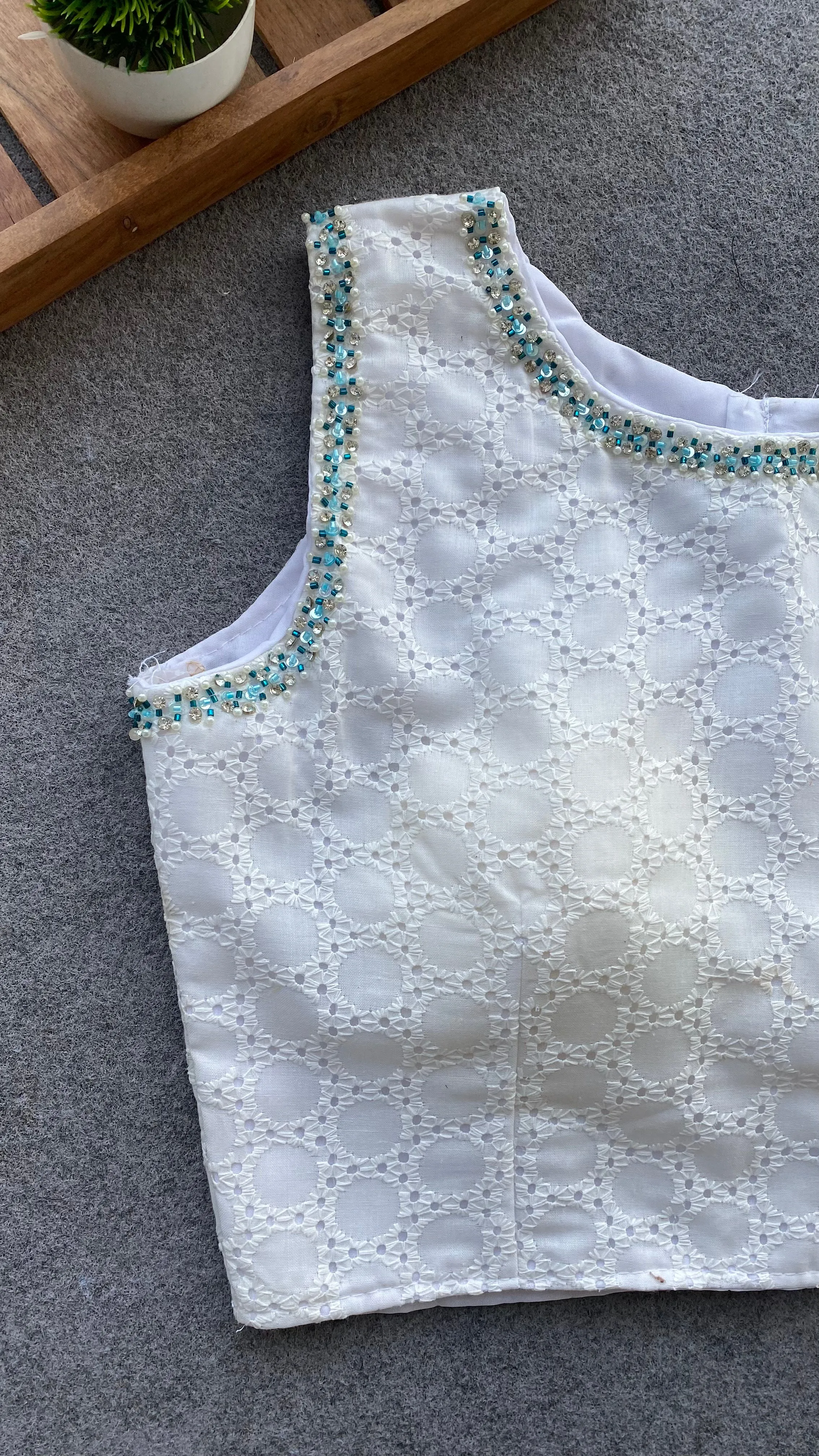 White crochet embroidery hand worked blouse