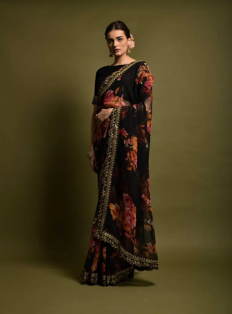 Women Party Wear Designer Black Colour Heavy Georgette Fabric Flower Printed with Heavy Lace Border