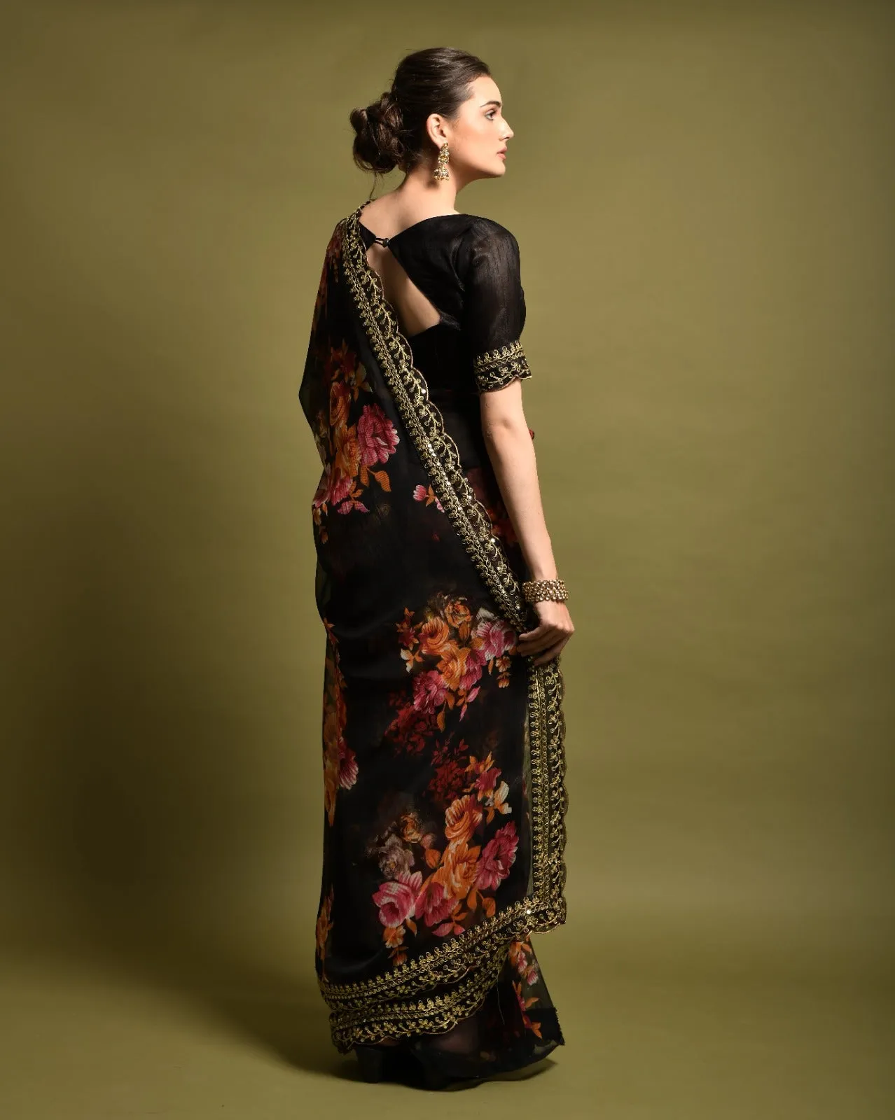 Women Party Wear Designer Black Colour Heavy Georgette Fabric Flower Printed with Heavy Lace Border