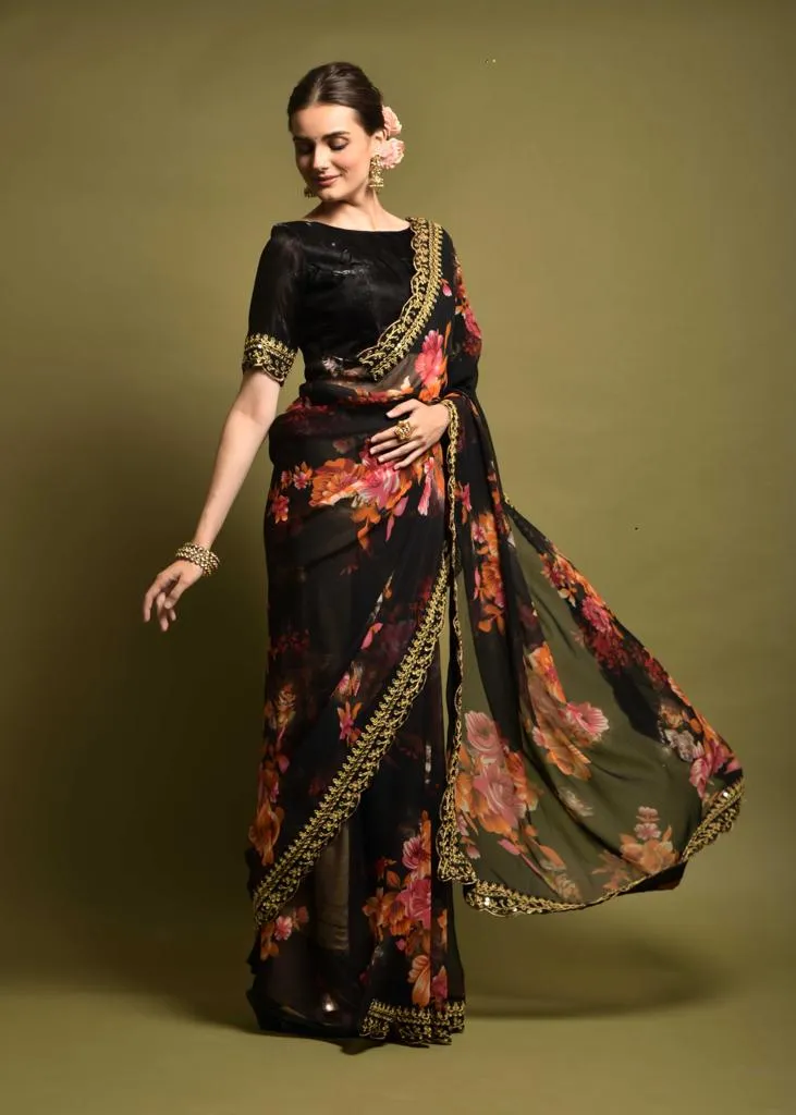 Women Party Wear Designer Black Colour Heavy Georgette Fabric Flower Printed with Heavy Lace Border