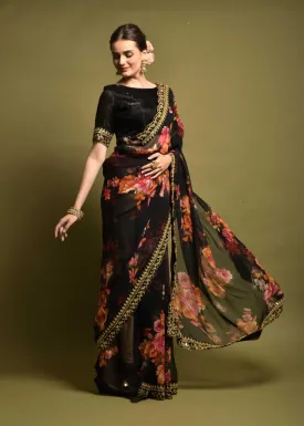 Women Party Wear Designer Black Colour Heavy Georgette Fabric Flower Printed with Heavy Lace Border