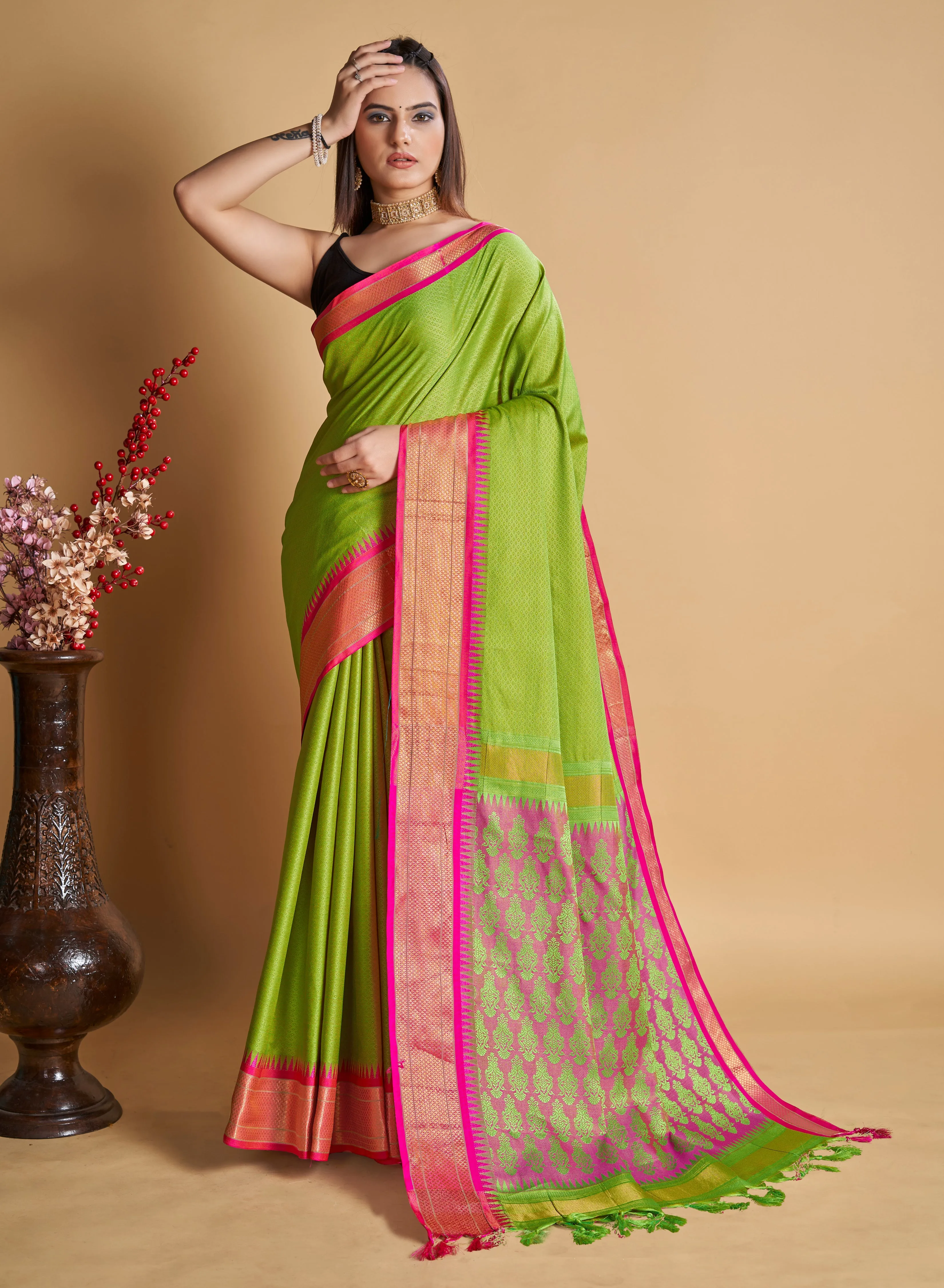 Women Party Wear Designer Parrot Green Color Banarasi Silk Saree Collection