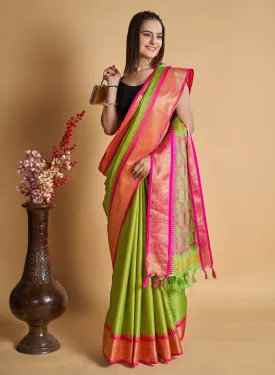 Women Party Wear Designer Parrot Green Color Banarasi Silk Saree Collection