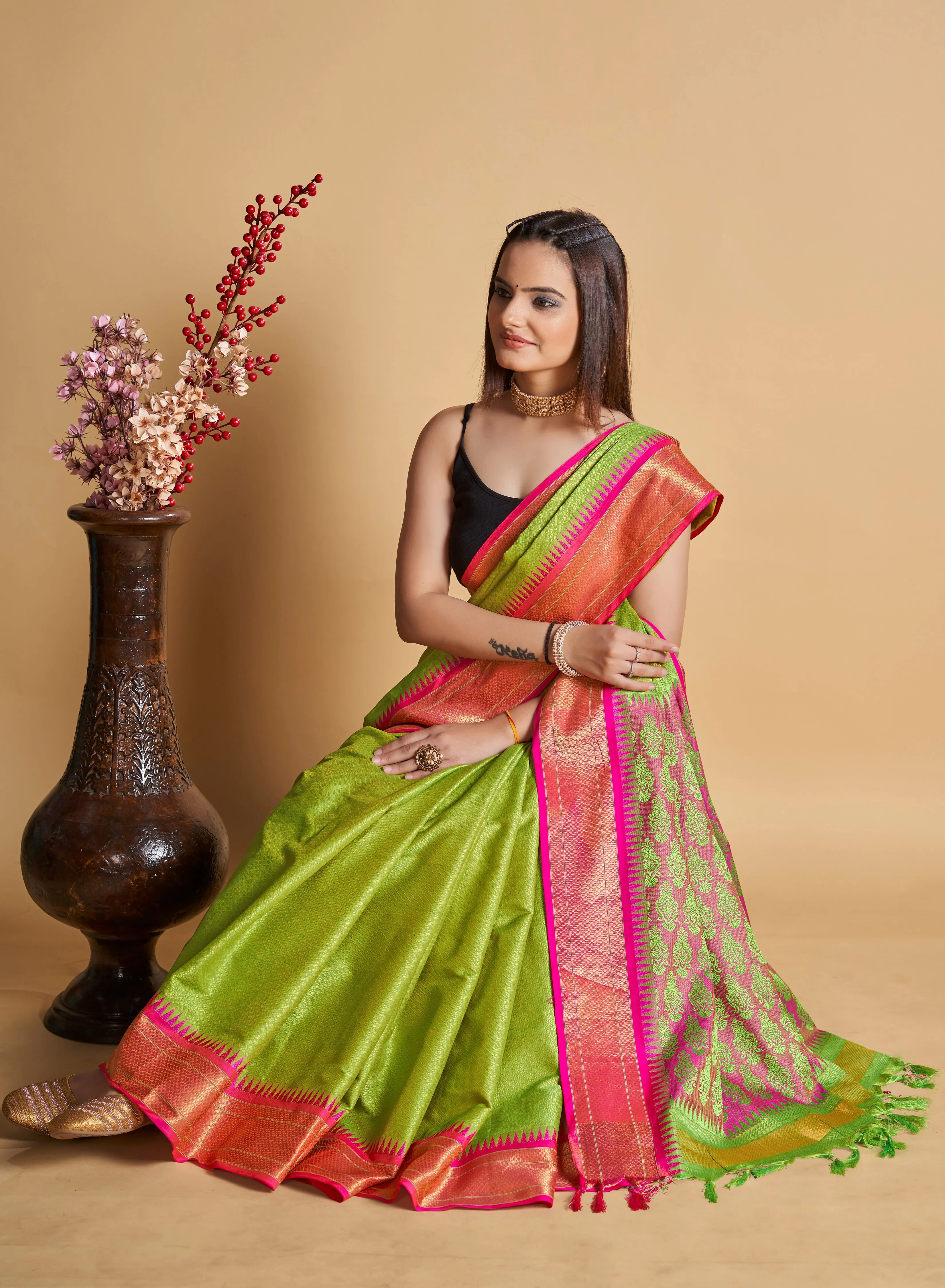 Women Party Wear Designer Parrot Green Color Banarasi Silk Saree Collection