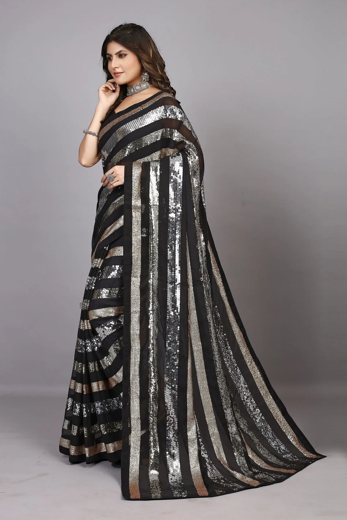 Women Party Wear Sequence Worked Georgette Saree with Un Stitched Blouse