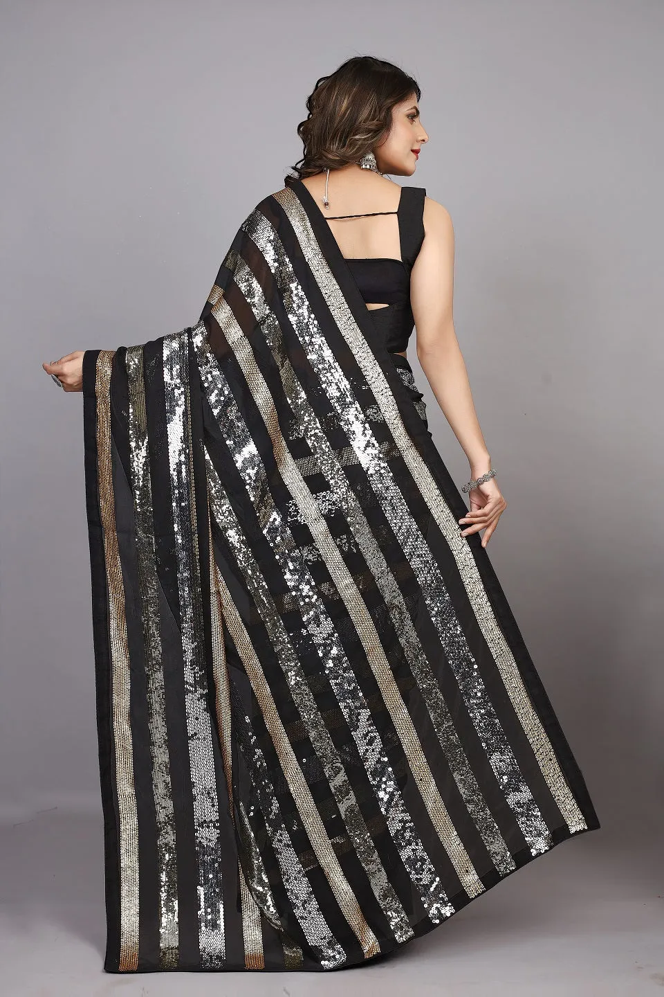 Women Party Wear Sequence Worked Georgette Saree with Un Stitched Blouse
