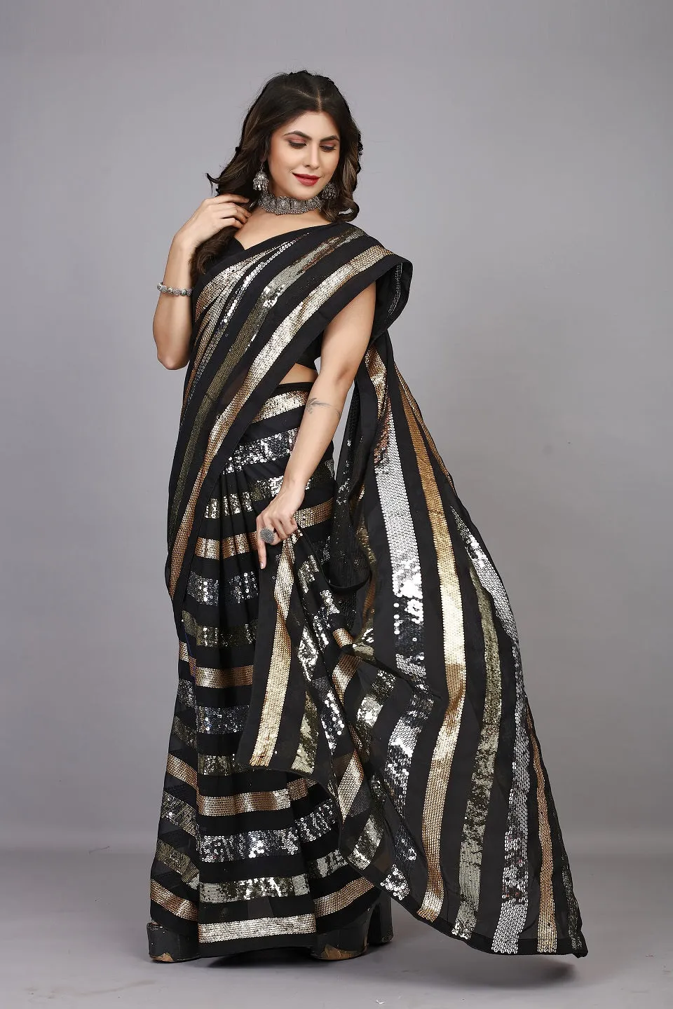 Women Party Wear Sequence Worked Georgette Saree with Un Stitched Blouse