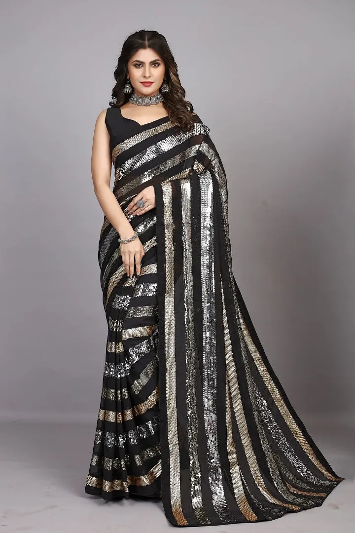 Women Party Wear Sequence Worked Georgette Saree with Un Stitched Blouse