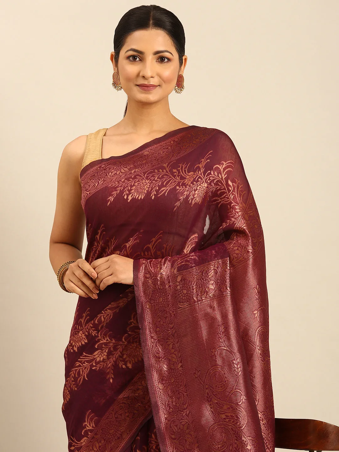 Women Purple Cotton Saree With Un Stitched Blouse