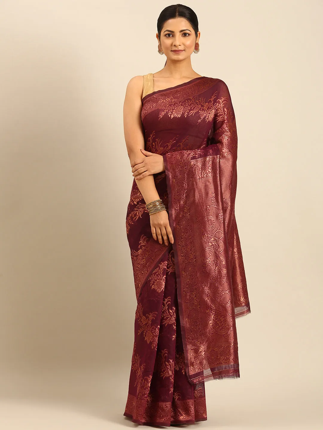 Women Purple Cotton Saree With Un Stitched Blouse