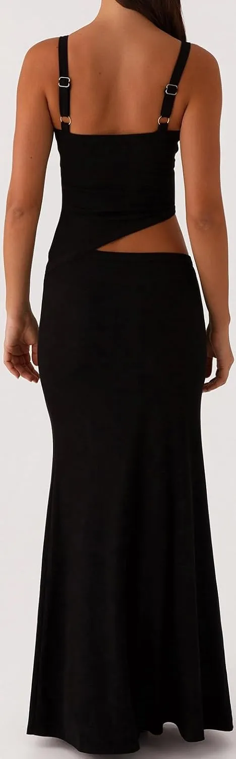 Women Spaghetti Strap Cut Out Maxi Dress Sleeveless V-Neck Backless Hollow Dress Elegant Bodycon Cocktail Dresses