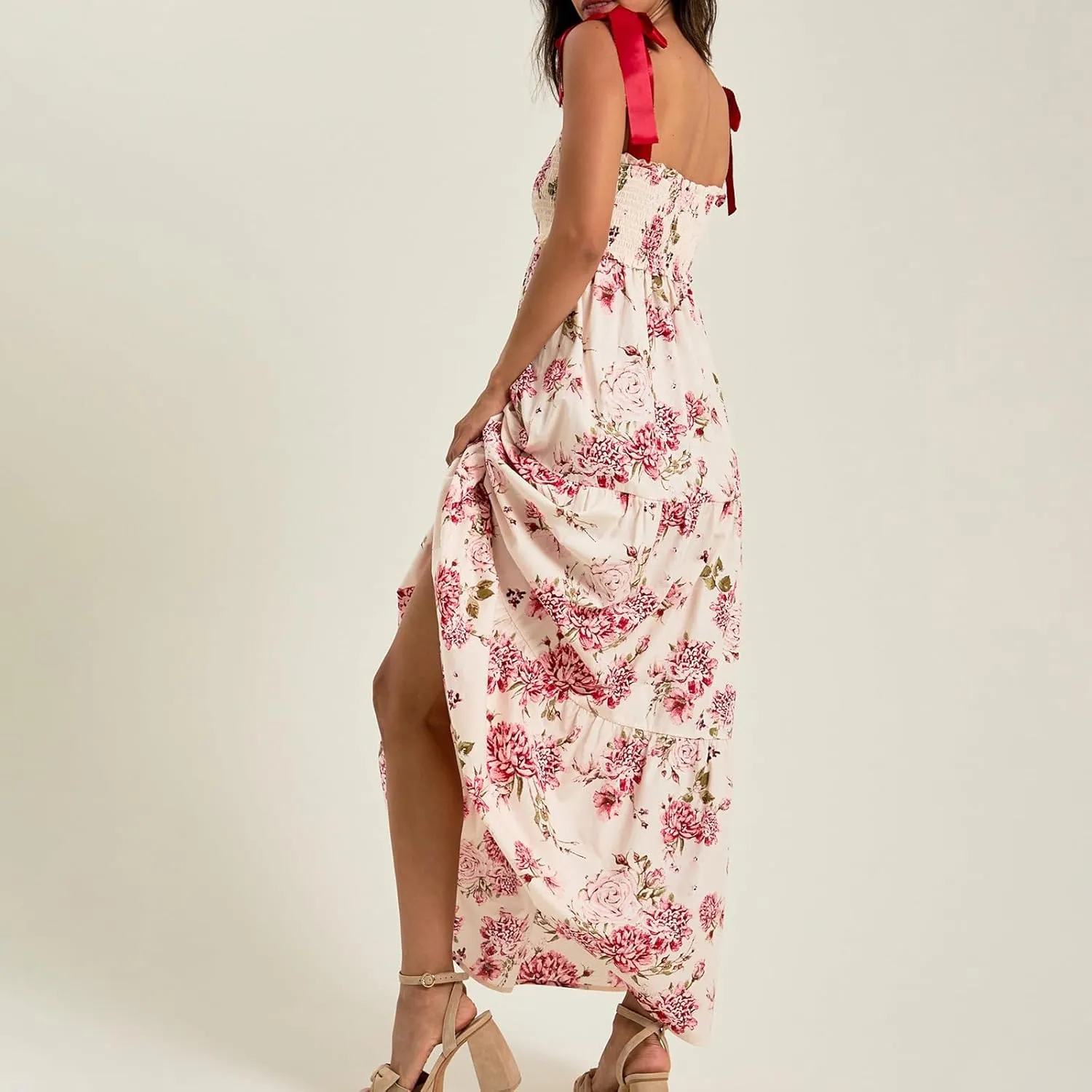 Women Tie Shoulder Boho Floral Maxi Dress Y2k Spaghetti Strap Flowy Long Dresses Summer Tiered Beach Sundress