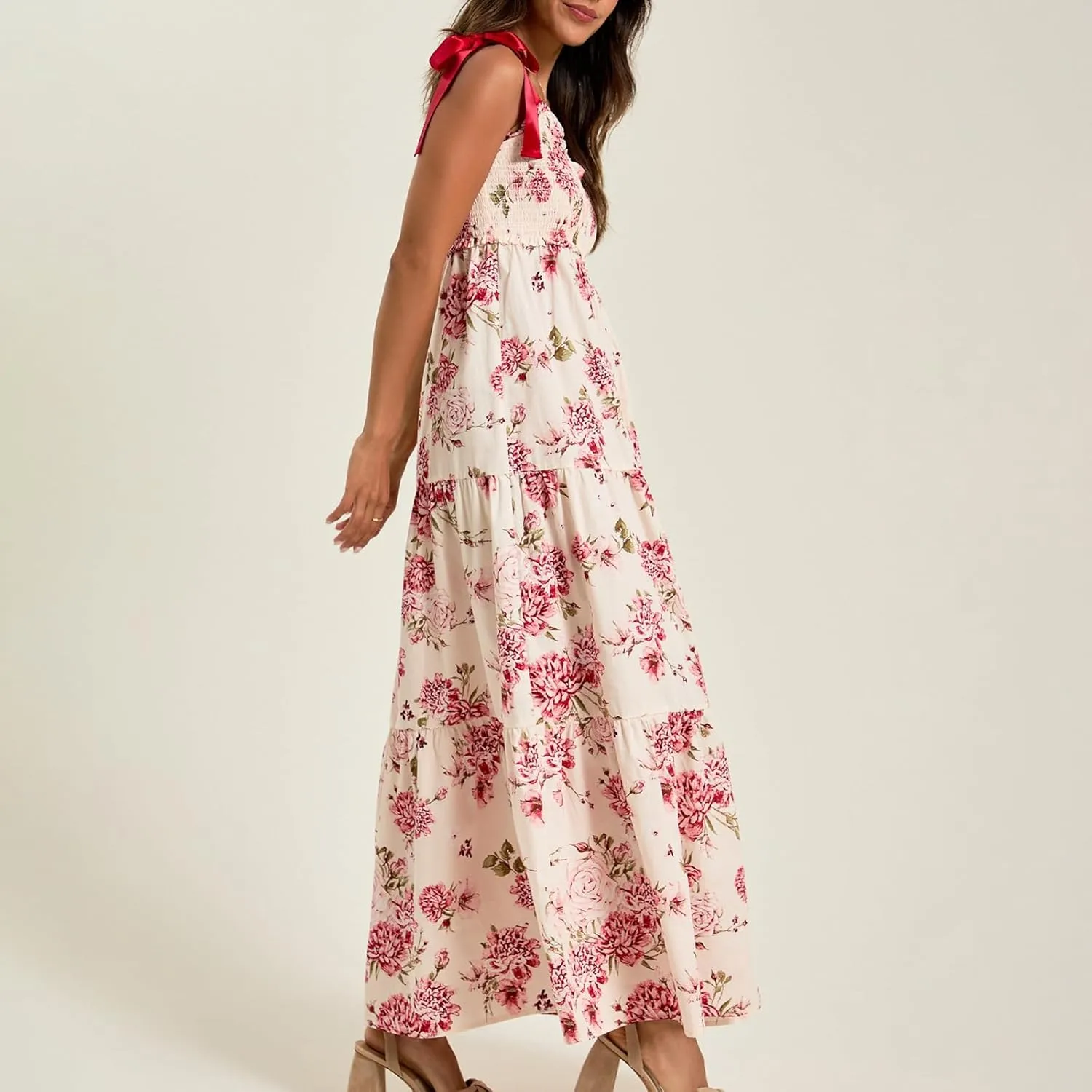 Women Tie Shoulder Boho Floral Maxi Dress Y2k Spaghetti Strap Flowy Long Dresses Summer Tiered Beach Sundress