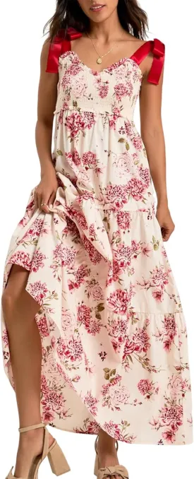 Women Tie Shoulder Boho Floral Maxi Dress Y2k Spaghetti Strap Flowy Long Dresses Summer Tiered Beach Sundress
