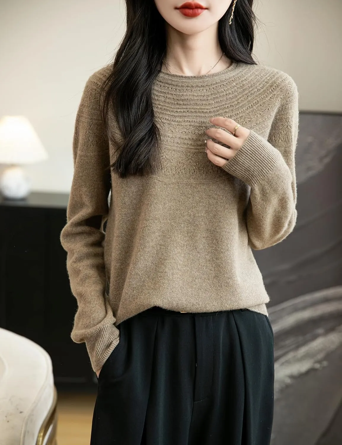 Women's 100% Merino Wool 2025 Fall Winter Crewneck First-Line Ready to Wear Long Sleeve Seamless Knit Sweater