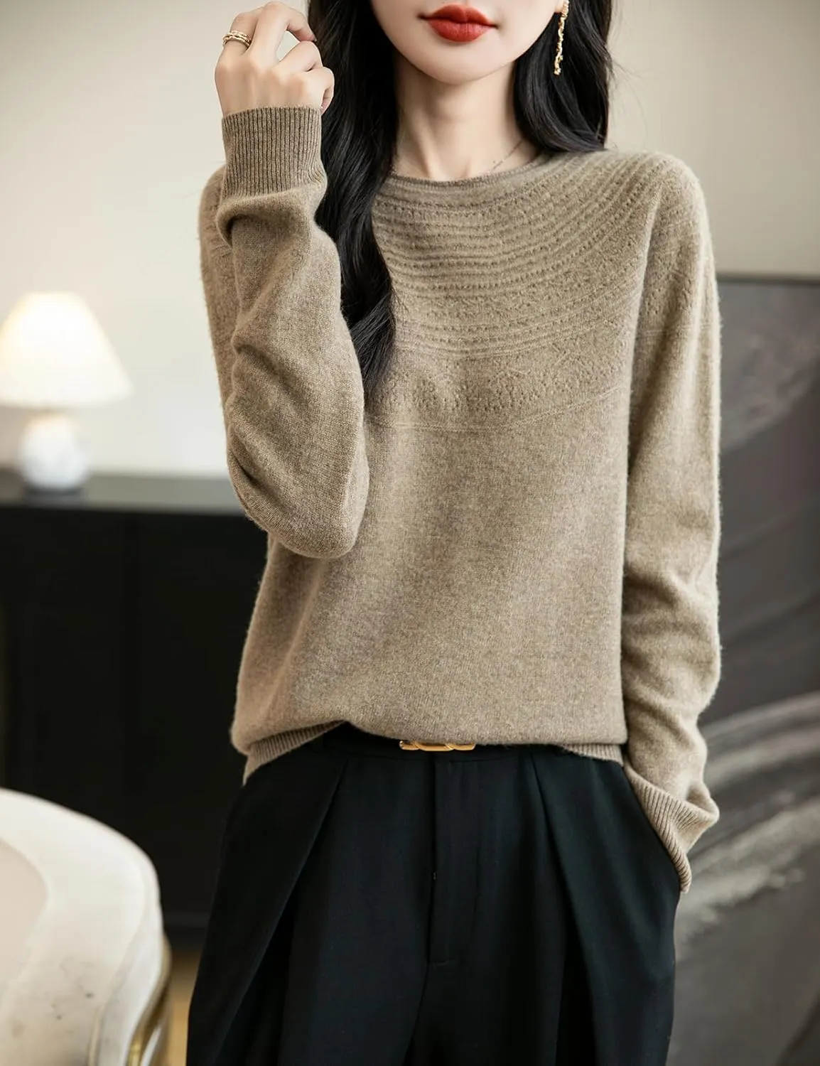 Women's 100% Merino Wool 2025 Fall Winter Crewneck First-Line Ready to Wear Long Sleeve Seamless Knit Sweater