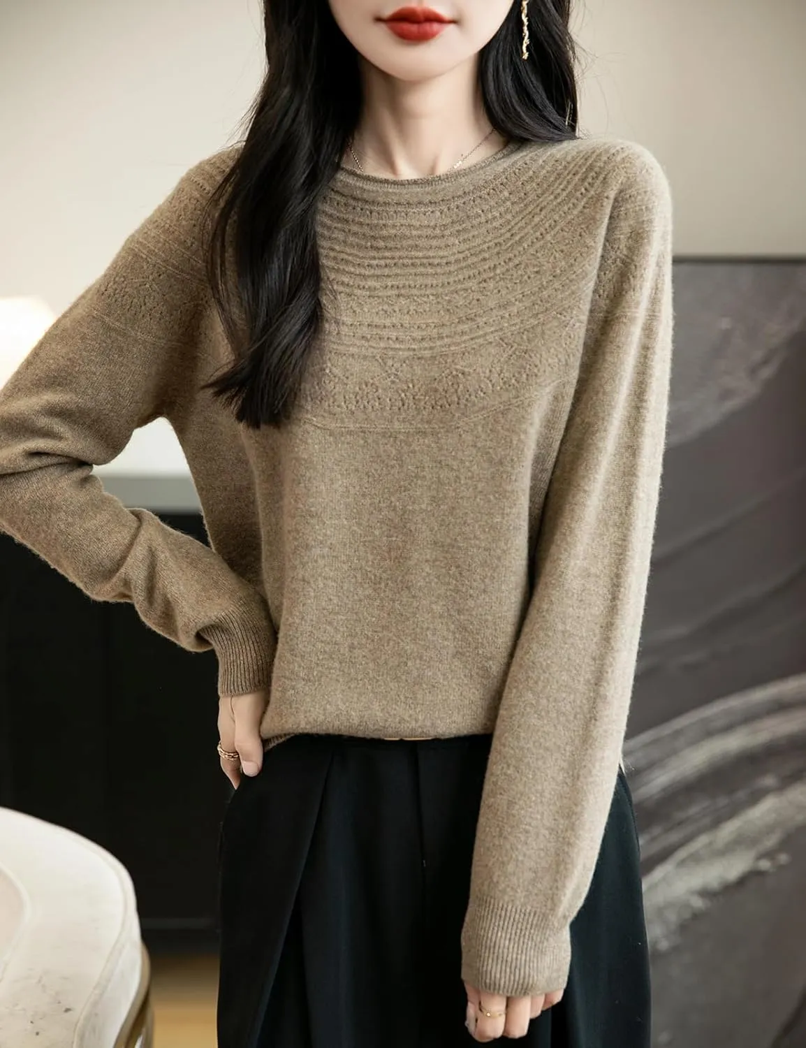 Women's 100% Merino Wool 2025 Fall Winter Crewneck First-Line Ready to Wear Long Sleeve Seamless Knit Sweater