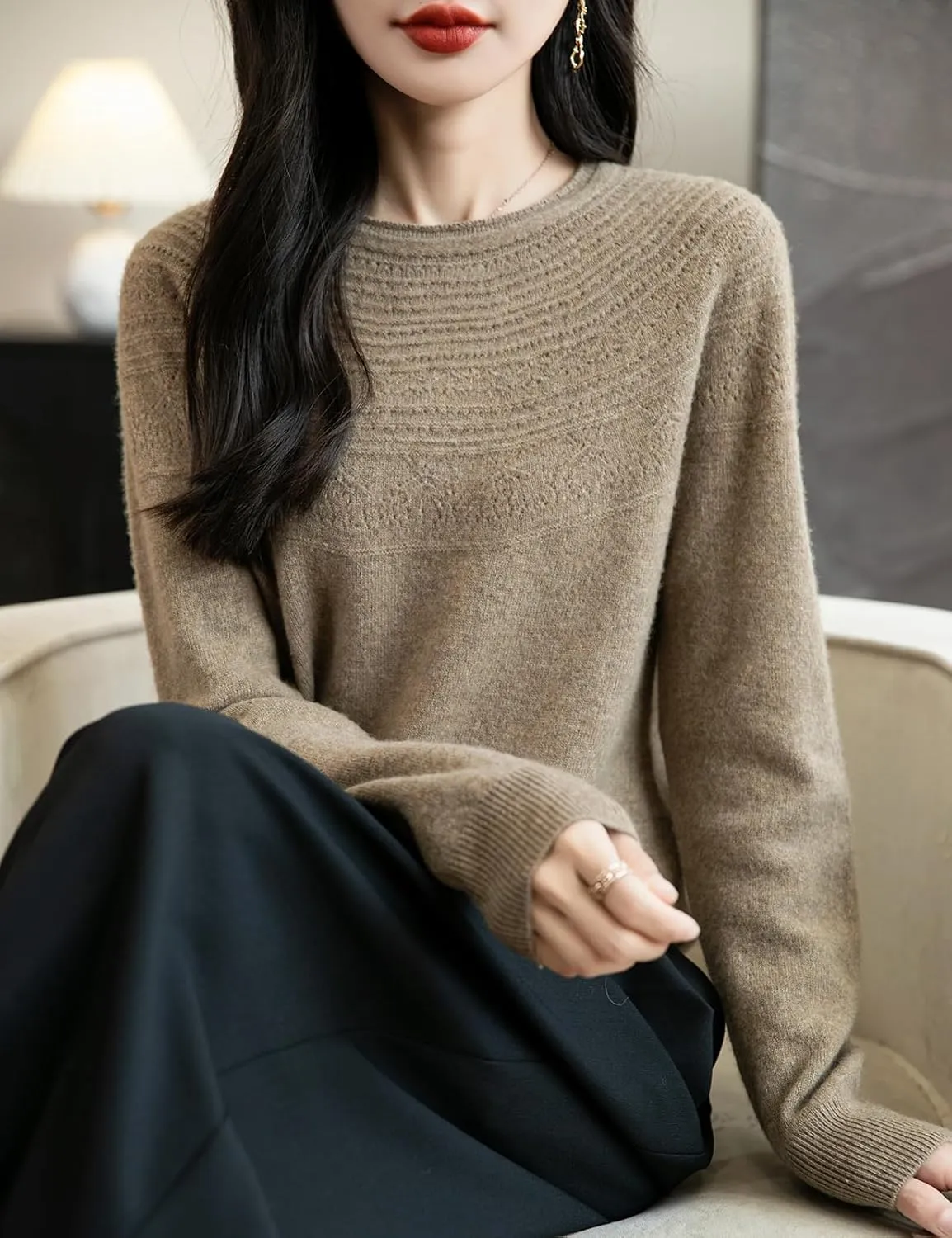 Women's 100% Merino Wool 2025 Fall Winter Crewneck First-Line Ready to Wear Long Sleeve Seamless Knit Sweater