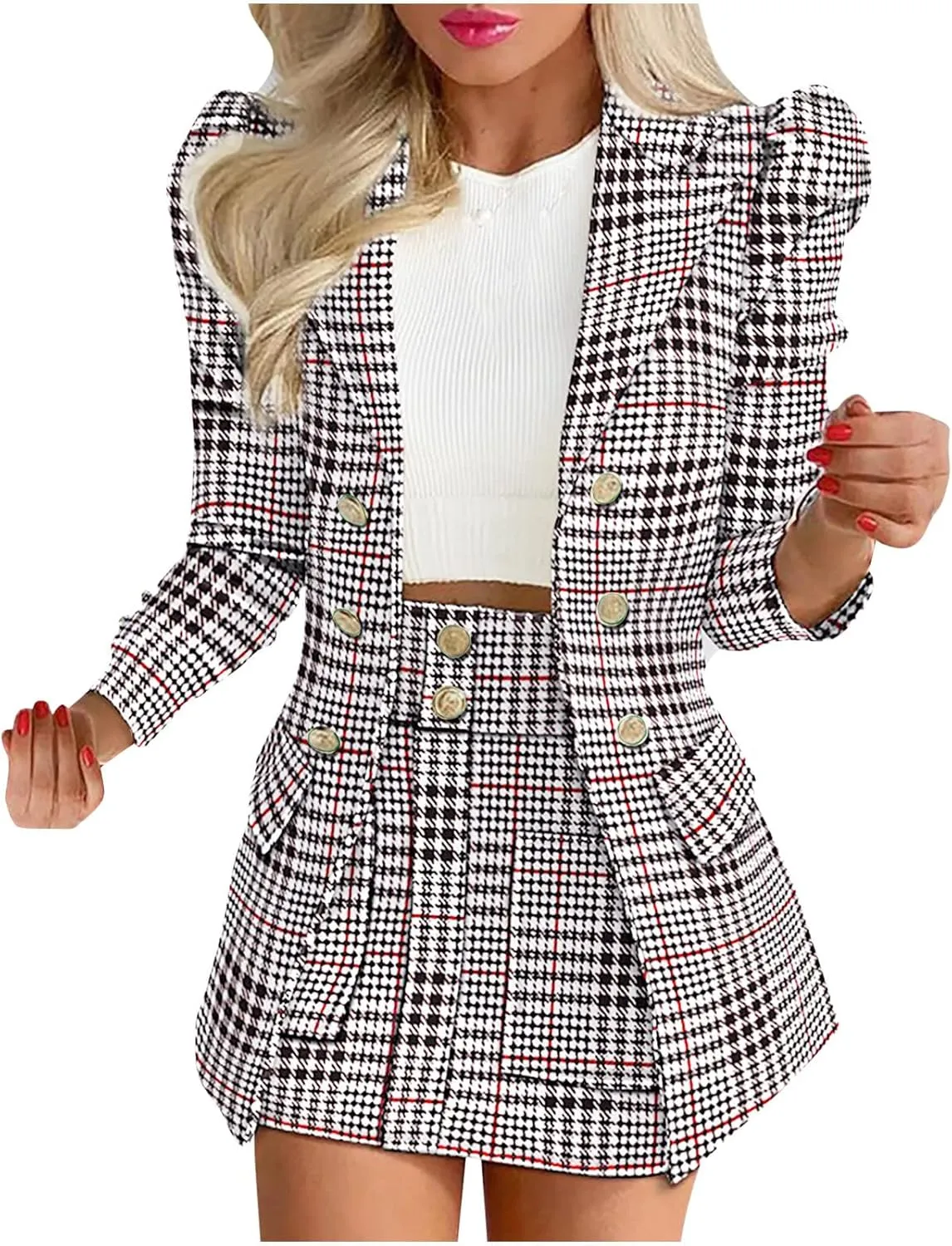 Women's 2 Piece Outfits Casual Solid Long Sleeve Suits Button Work Coat High Waist Blazer Jacket and Mini Skirt Set