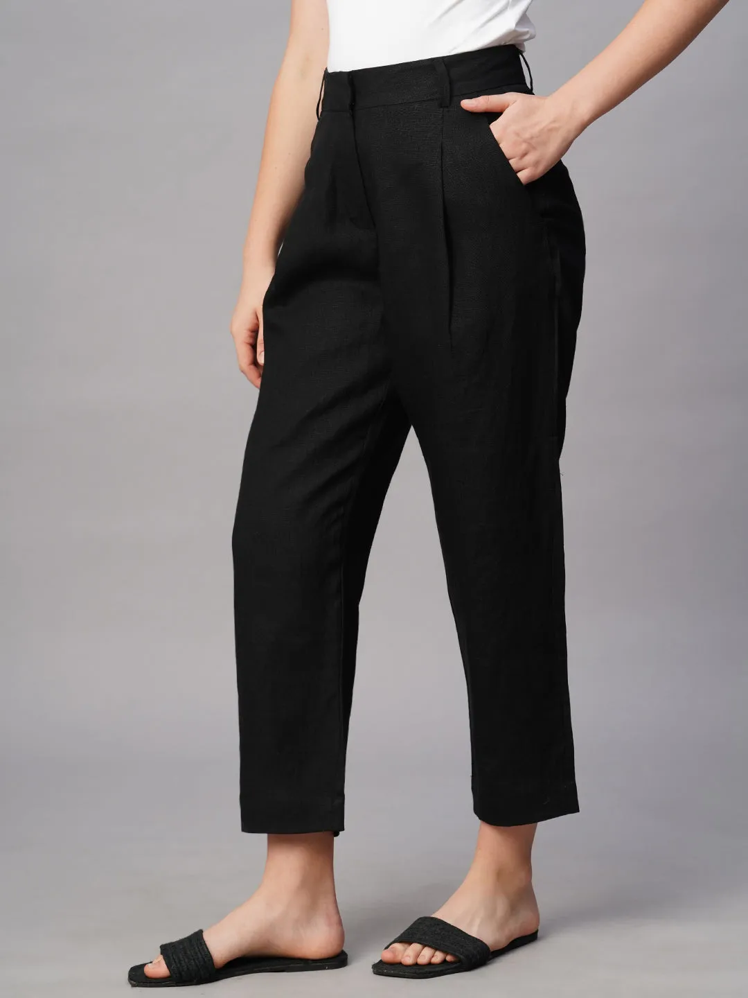 Women's Black Linen Regular Fit Pant