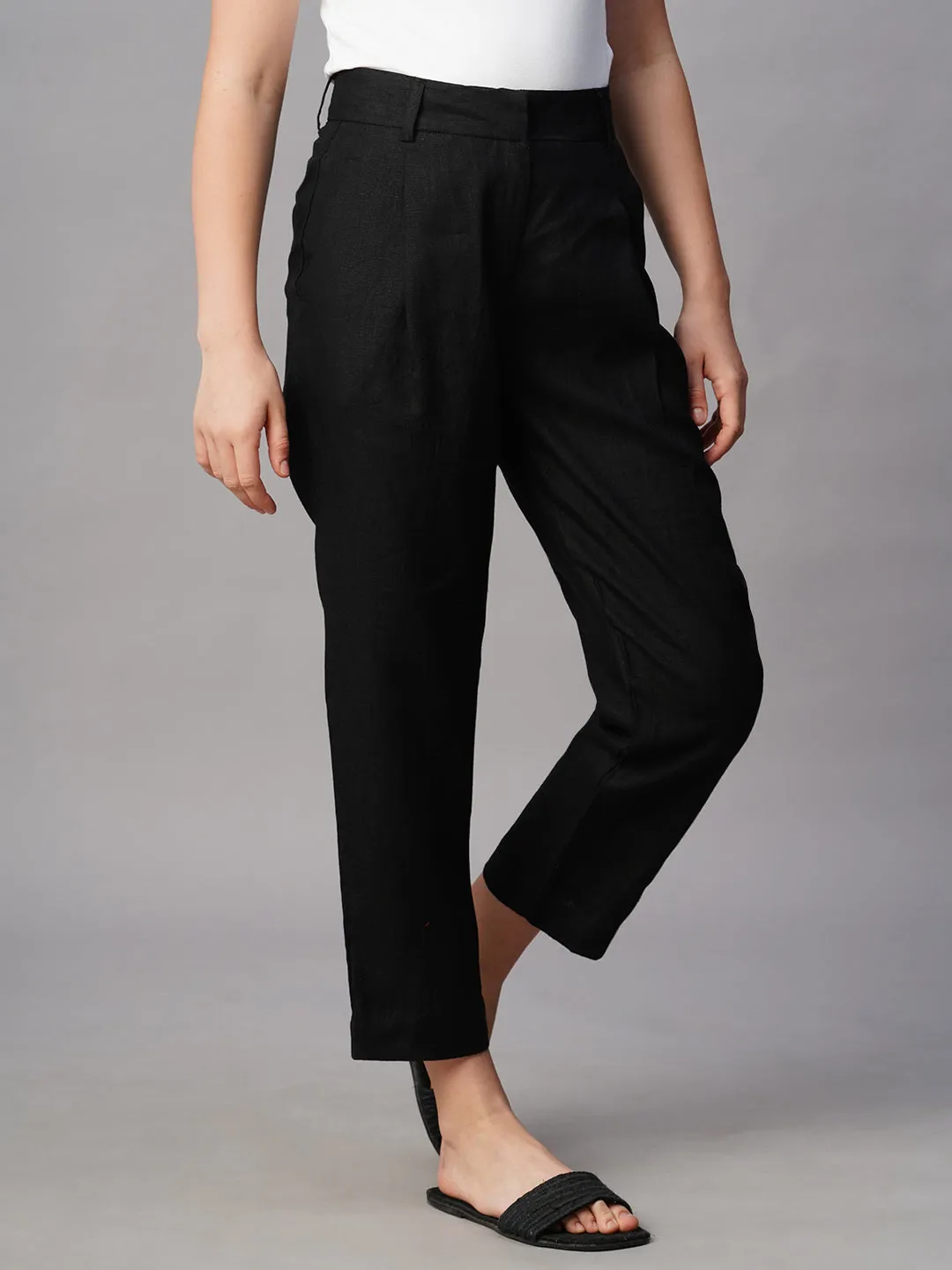 Women's Black Linen Regular Fit Pant
