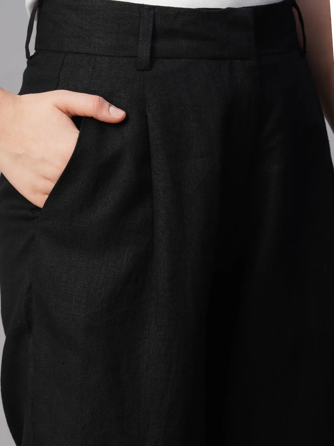 Women's Black Linen Regular Fit Pant