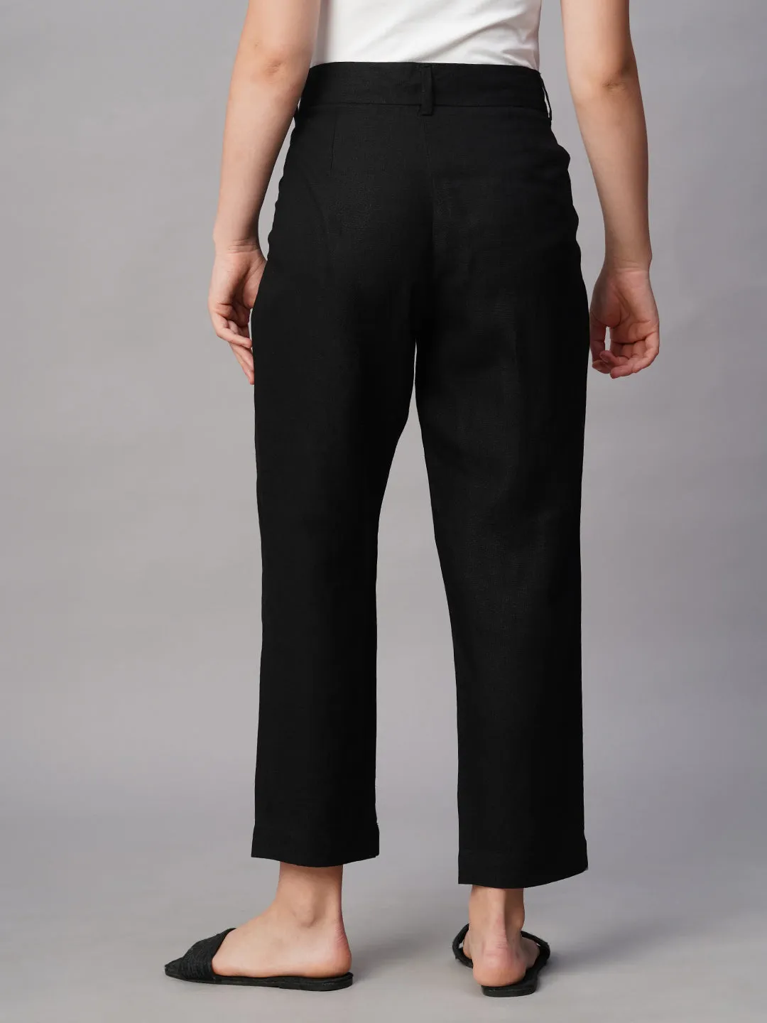 Women's Black Linen Regular Fit Pant