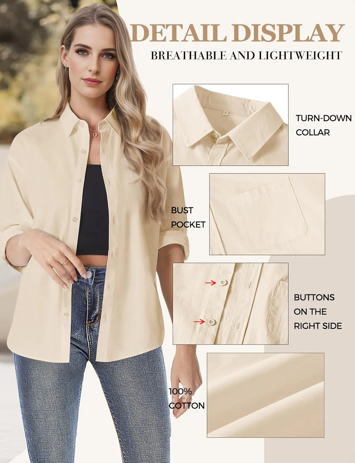 Womens Button Down Shirts, Long Sleeve Cotton Blouse for Women Casual, Collar Long Sleeve Blouse Tops for Pocket