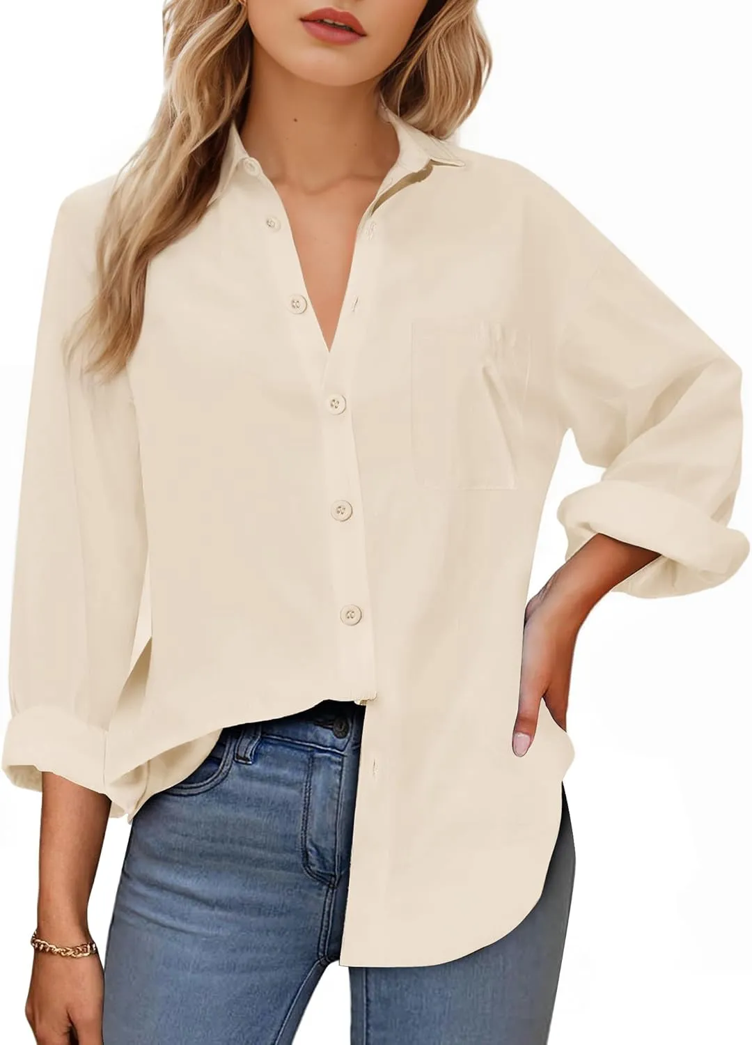 Womens Button Down Shirts, Long Sleeve Cotton Blouse for Women Casual, Collar Long Sleeve Blouse Tops for Pocket