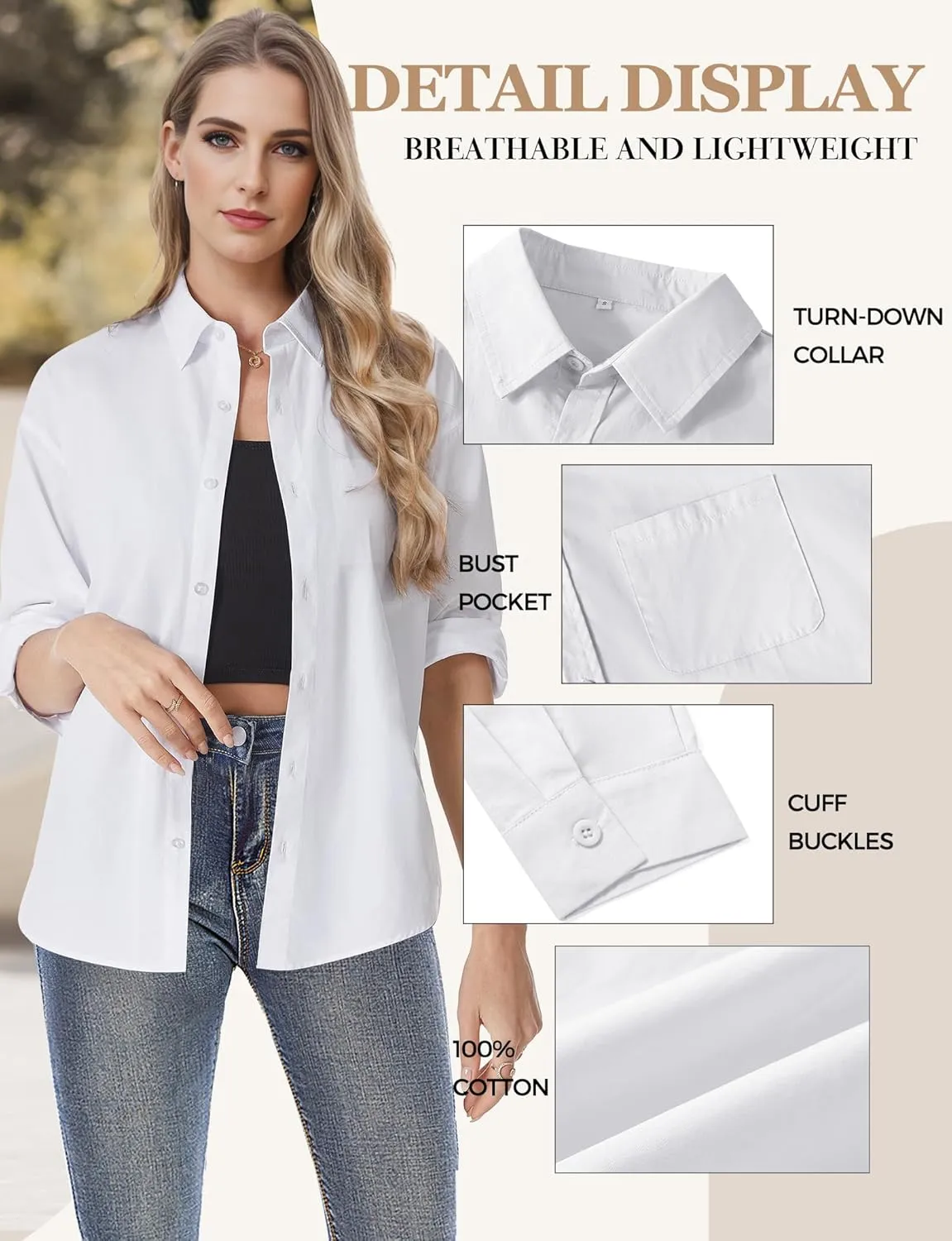 Womens Button Down Shirts, Long Sleeve Cotton Blouse for Women Casual, Collar Long Sleeve Blouse Tops for Pocket