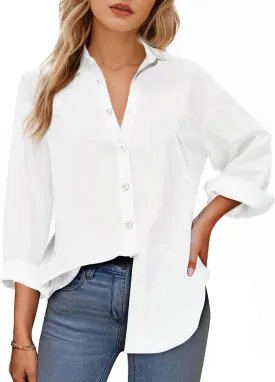 Womens Button Down Shirts, Long Sleeve Cotton Blouse for Women Casual, Collar Long Sleeve Blouse Tops for Pocket