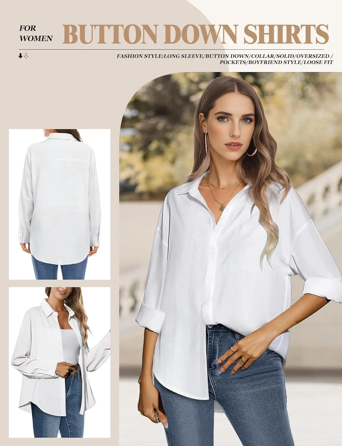 Womens Button Down Shirts, Long Sleeve Cotton Blouse for Women Casual, Collar Long Sleeve Blouse Tops for Pocket