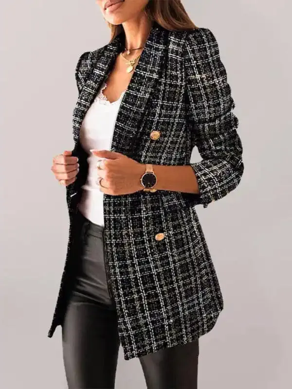Women’s long-sleeved double-breasted suit collar printed small jacket