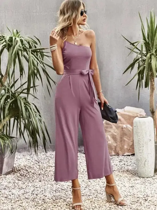 Women’s solid color one-shoulder tie jumpsuit