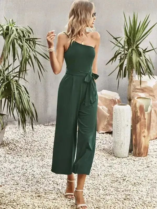 Women’s solid color one-shoulder tie jumpsuit