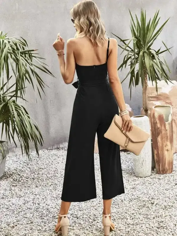 Women’s solid color one-shoulder tie jumpsuit