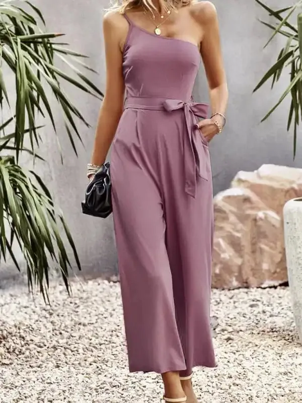Women’s solid color one-shoulder tie jumpsuit
