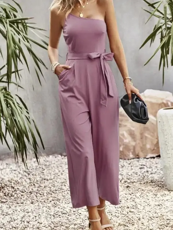 Women’s solid color one-shoulder tie jumpsuit